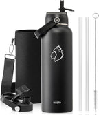 BUZIO 40oz Insulated Water Bottle, Triple Wall Vacuum Stainless Steel Water Flask with 2 lids, Lead-Free BPA-Free Straw Lid Sports Canteen Jug, Cold 48H & Hot 24H- Black