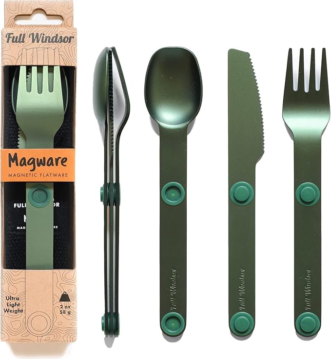 FULL WINDSOR - MAGWARE Magnetic Camping Cutlery Set - Travel Utensils for Camping, Cooking, and Outdoor Dining - Knife, Fork & Spoon - Portable Silverware with Pouch - Green (3 PCS)