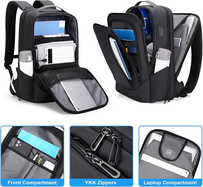 FENRUIEN Business Travel Backpack for Men, Expandable Water Resistant Computer Backpack with USB Port, Black Laptop Backpack 15.6 Inch for College/Work