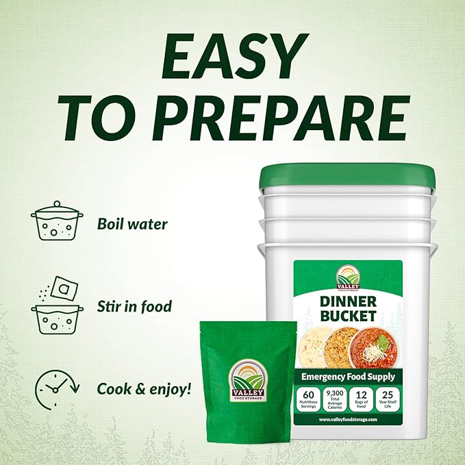 60 Serving Dinner Bucket | Premium Emergency Food Supply | Non-GMO Easy Prep Survival Food 25 Year Shelf Life | Camping Food, Backpacking Meals, Prepper Supplies | Valley Food Storage Packaged in USA