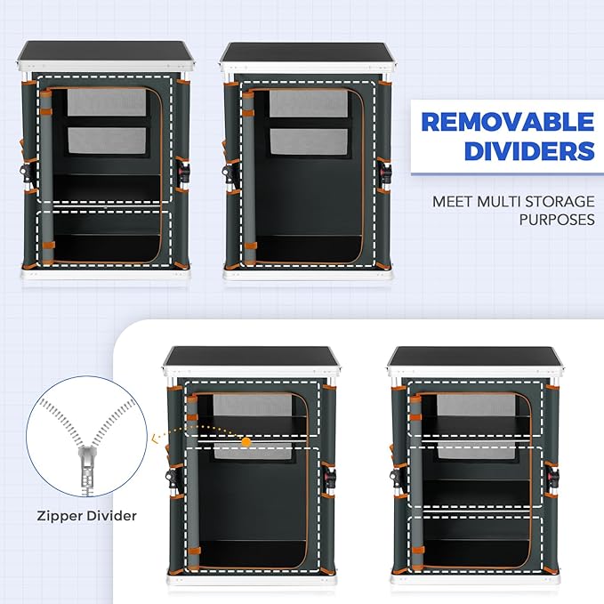 EAGLE PEAK Outdoor Folding Camping Table with Large 3-Tier Storage Organizer and Side Pockets, Easy Set Up Portable Aluminum Camping Kitchen, Gray