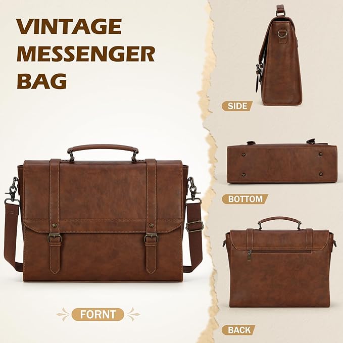 IGOLUMON Messenger Bag for Men 15.6 inch Vintage Leather Waterproof Laptop Briefcase Large Computer Laptop Bag Leather Satchel Bag Retro Shoulder Bag for Office Business Travel College, Brown
