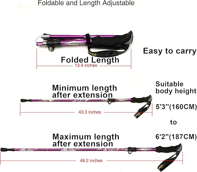 Aluminum Collapsible Ultralight Travel Trekking Hiking Pole for Men and Women (Fits 5'3" - 6'2")