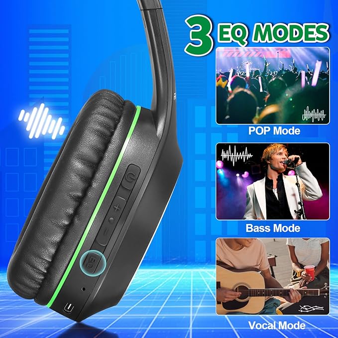 Rydohi Bluetooth Headphones Over Ear, 68H Playtime 3 EQ Music Modes Wireless Headphones with Microphone/Deep Bass, HiFi Stereo Foldable Headset for PC Home Travel Office (Black Green)