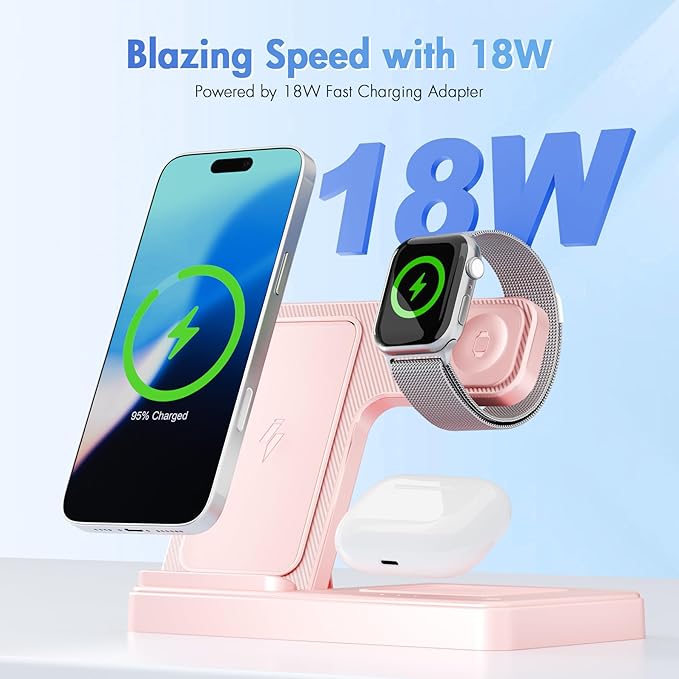 Wireless Charging Station for Apple Devices: 3 in 1 Foldable Qi Compact Case-Friendly Charger Stand for iPhone 17-12 & Apple Watch & AirPods Charging Dock for Travel Home Office Desk Nightstand (Pink)