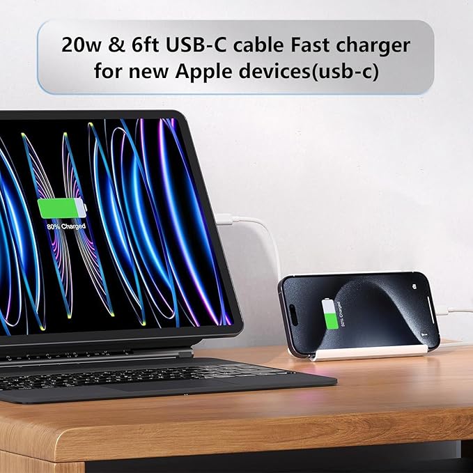iPad Chrager Fast Charging for iPad Pro Air Mini A17 A16 10th iPhone 16 16e 15, Type C Chrager 20W Fast Charging Block Plug & 6ft USB C to C Cable, 1Pack White