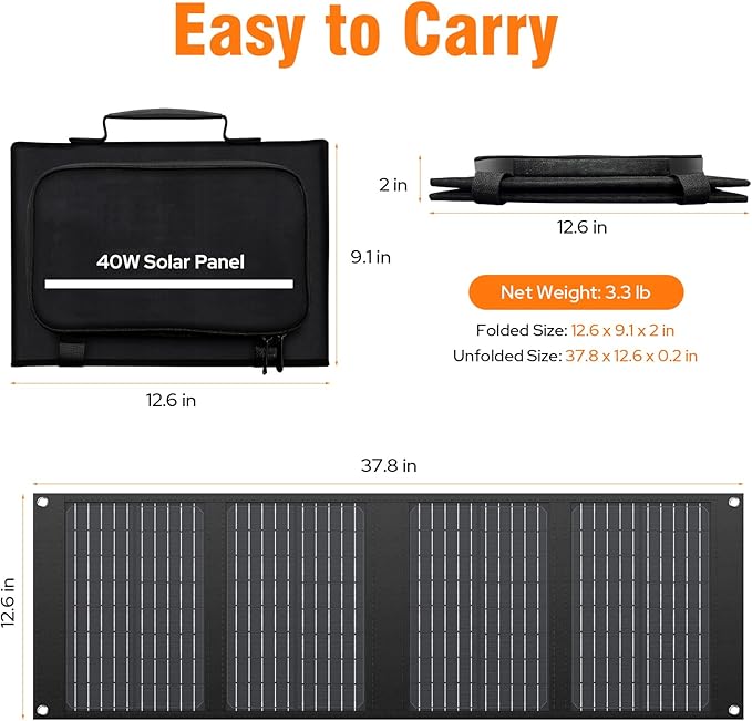 Portable Solar Panel Charger 40W Foldable Solar Panel for Portable Power Station, iPhone, iPad, Laptop, Camping Solar Panels with USB QC 3.0/USB C/18V DC, Solar Panels for Camping Outdoor Van RV Trip