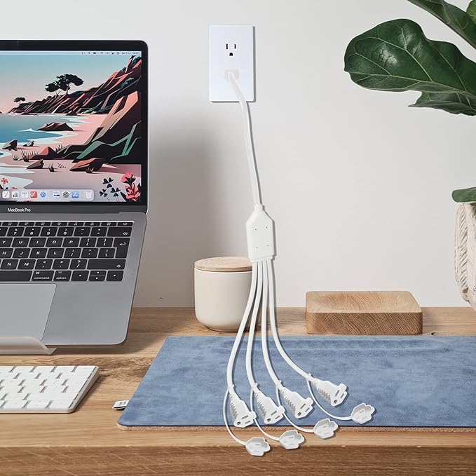 4 Way Outlet Splitter - White 1-Pack 90-Degree Angled Flat Plug 1 to 4 Extension Cable Power Strip, 16/3 Gauge 1.5FT, 3 Prong Y Style Multi Outlet Splitter, Perfect for Wall Wart Adapters