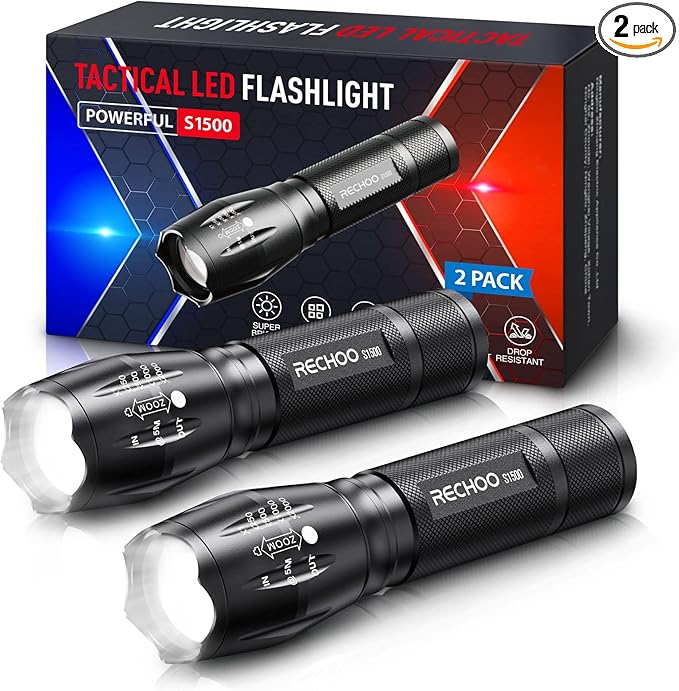 RECHOO 2 Pack LED Flashlights High Lumens - 5 Modes, Zoomable, Waterproof & Super Bright Tactical Torch for Camping, Hiking, Emergency, Home Essentials (Batteries not Included)