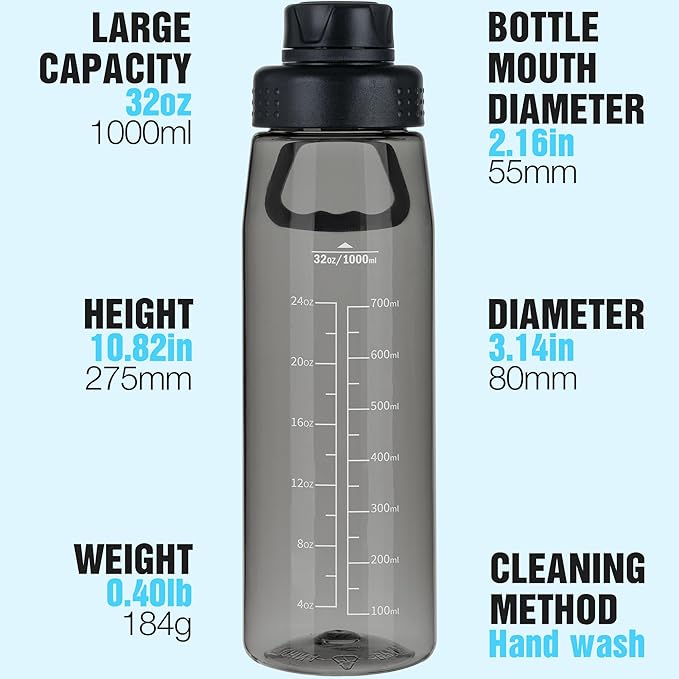 Water Bottle 32oz, clear water bottle with Spout Lid and Carry Handle, Reusable, Tritan, BPA Free, Hiking Water Bottle Suitable for Travel, Outdoors, Gym, Travel, Home, School (Black)