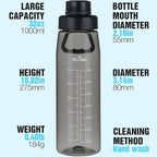 Water Bottle 32oz, clear water bottle with Spout Lid and Carry Handle, Reusable, Tritan, BPA Free, Hiking Water Bottle Suitable for Travel, Outdoors, Gym, Travel, Home, School (Black)