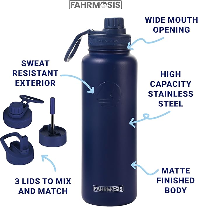 40 Oz Water Bottle with Straw Stainless Steel Sports Water Bottle with 3 Lids (Straw, Chug and Flip Lid) Insulated Leak Proof Metal Jug for Men & Women - Navy Blue