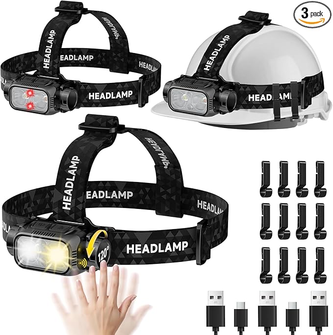 iToncs Rechargeable Headlamp Super Bright High Lumens, 3Pack LED Head Lamp with 5 Modes, 120° Adjustable Head Lights for Forehead, Waterproof HeadLamps for Adults Camping Hunting Hiking