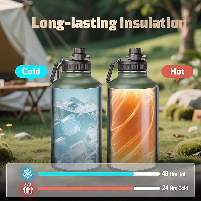 OneTigris Tactical Half Gallon Water Bottle with Straw - 64 oz Vacuum Insulated Stainless Steel Water Jug, Leakproof Sport Bottle with 3 BPA Free Lids, Paracord Handle & MOLLE Water Pouch for Outdoor