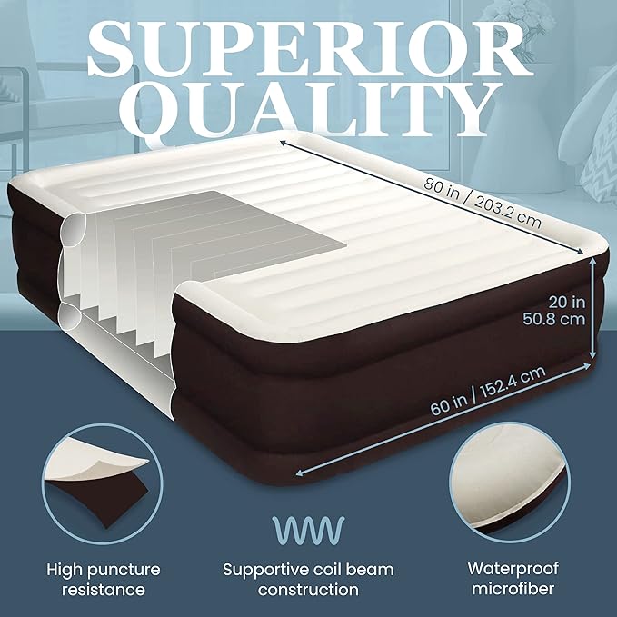 Englander First Ever Microfiber Air Mattress, Microfiber Airbed with Built in Pump Queen Brown/Cream Top