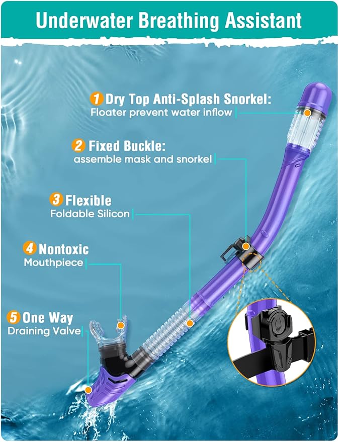 Snorkel Set Adults Snorkeling Gear Anti-Fog Panoramic View Swim Mask Dry Top Snorkel Kit with Carry Bag for Snorkeling Scuba Diving Swimming Travel