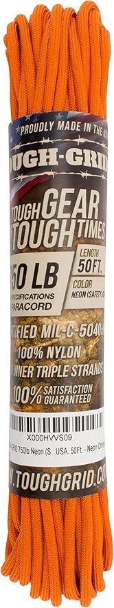 TOUGH-GRID Paracord Rope 750 lbs Nylon Parachute Cord, Made in USA Survival Kit, Outdoor Adventures, Camping, Tactical Gear & Emergency Supplies, Military Type IV Mil-Spec