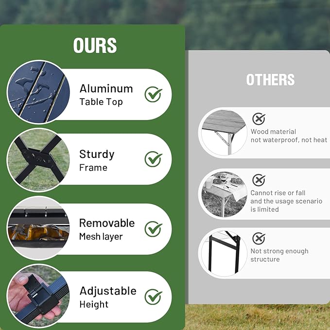 TIMBER RIDGE Folding Camping Table Adjustable Height, 4-6 Person Lightweight Aluminum Roll-up Table for Camping Outdoor Picnic BBQ Backyard Party Support 220 lbs, Black