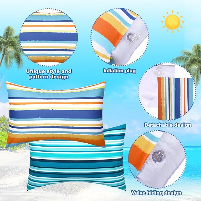 4 Pcs Inflatable Beach Pillow Portable Blow up Travel Camping Pillows with Covers for Hawaii Summer Pool Travel Vacations (Horizontal Stripes)