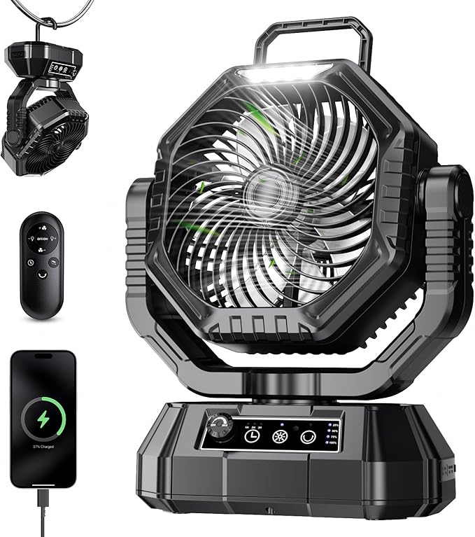 Portable Fan Rechargeable, 20000mAh Battery Powered Fan, LED Light, Remote Controller, Dual-Motors, 90°/270° Swing, 1-3H Timer, Battery Operated fan For Travel Tent Camping Bedroom Office Beach