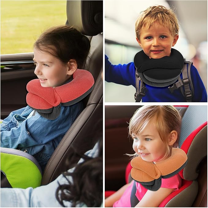 BUYUE Kids Travel Pillows for Airplane, Memory Foam 360° Head Support Sleeping Essentials for Long Flight, Skin-Friendly Soft Neck Pillow for Traveling in Car Seat, (Small, Red Grey, 40-90 lbs)