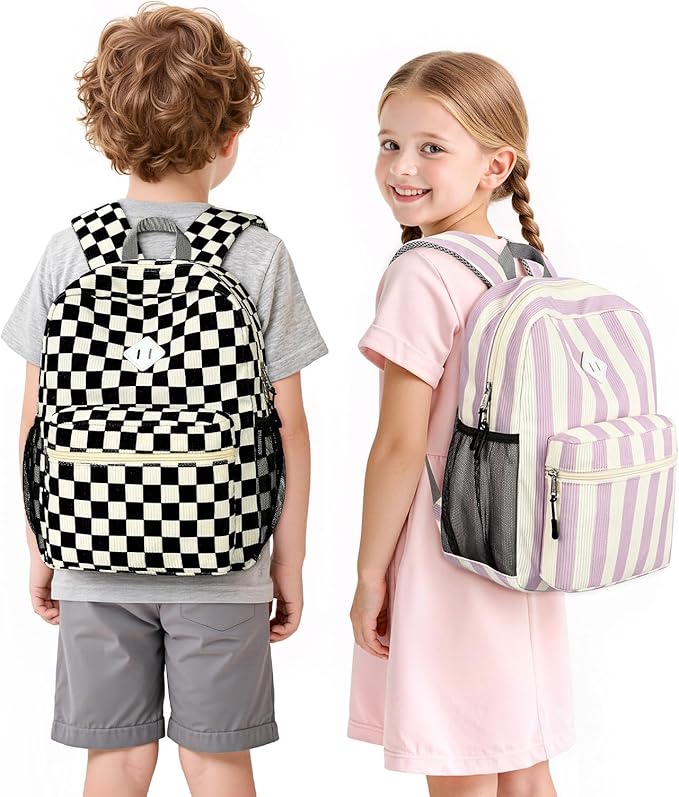 STEAMEDBUN Corduroy Kids Backpack for Girls Boys 3-8, Girls Backpack for Elementary Kindergarten - Stripe