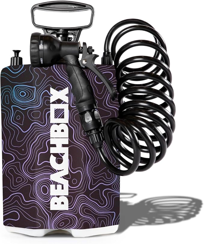 BeachBox Portable Shower Tank – Insulated Hot & Cold Water Tank for Camping, Beach, & Outdoor Adventures – 1.3 Gal Capacity – Multi-Spray Shower Gun – Easy Fill & Carry