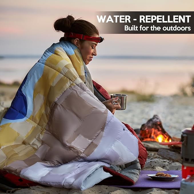 Camping Blanket, 2-in-1 Wearable Puffy Camping Blanket with Hood & Snap Buttons Waterproof Lightweight Travel Blanket Converts to Pillow for Backpacking, Beach, Picnics, Stadium (Mountains)