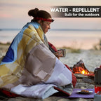 Camping Blanket, 2-in-1 Wearable Puffy Camping Blanket with Hood & Snap Buttons Waterproof Lightweight Travel Blanket Converts to Pillow for Backpacking, Beach, Picnics, Stadium (Mountains)