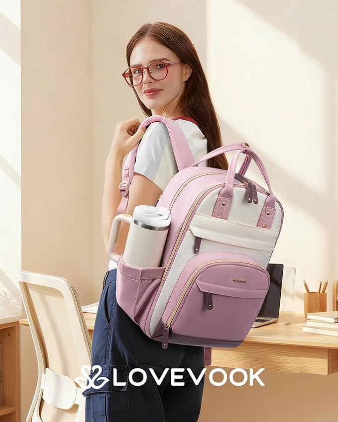LOVEVOOK Laptop Backpack Women with Giant Tumbler Holder,15.6 inch Work Travel Backpack Computer Laptop Bag,Cute College Nurse Teacher Backpack Purse,Gifts for Women & Men,Pink-Off-white-Light pink