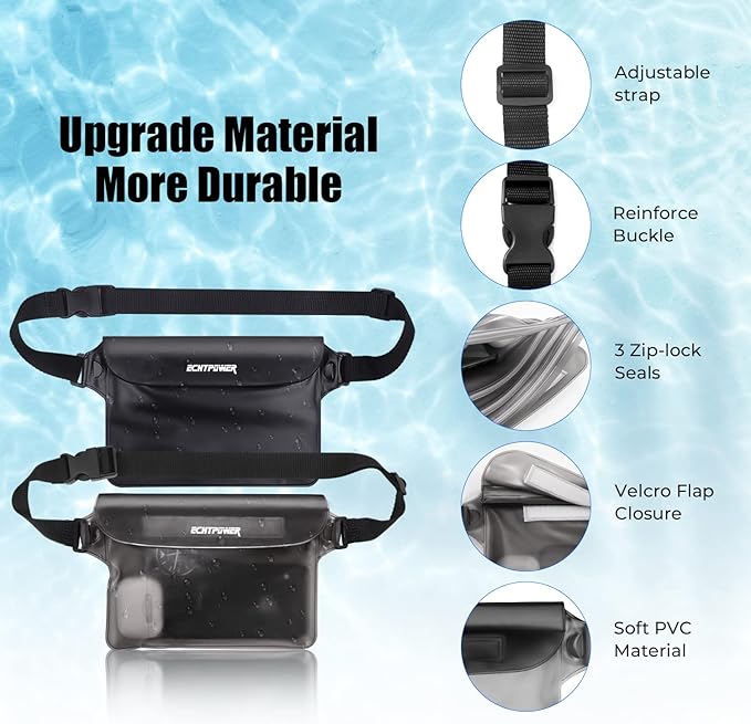 ECHTPower 2-Pack Waterproof Pouch Bag, Waterproof Fanny Pack, Waterproof Dry Bag with Adjustable Waist Strap for Beach Swimming Kayaking Floating Boating
