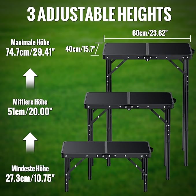 GARLLEN 2ft Folding Camping Table, 3 Adjustable Height Lightweight Picnic Table, Portable Aluminum Grill Table for Outdoor, Camping, Grill, Threaded Install, 23.6" L x 15.7" W, Black