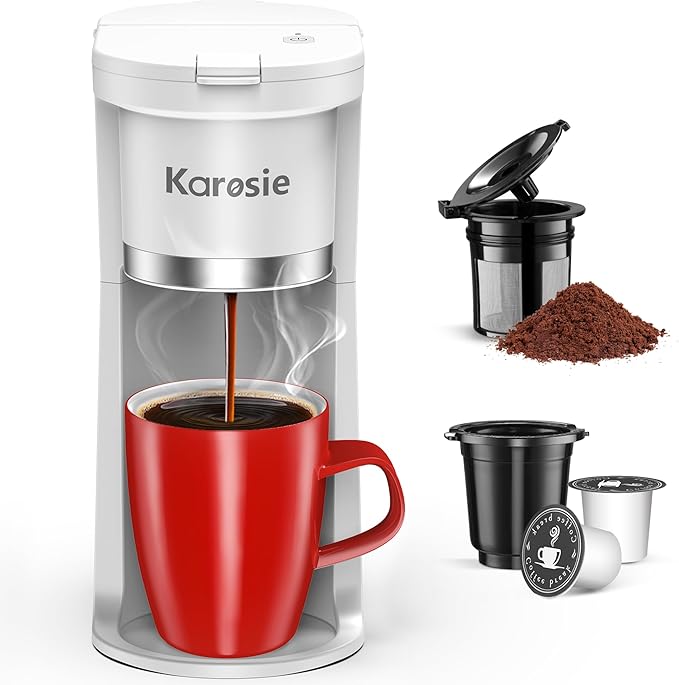 Slim Single Serve Coffee Maker, Fast Brew for K-Cup & Ground Coffee Small One Cup Coffee Maker, 6-12 Oz Brew Sizes, Coffee Machine with Descaling Reminder and Water Window,White