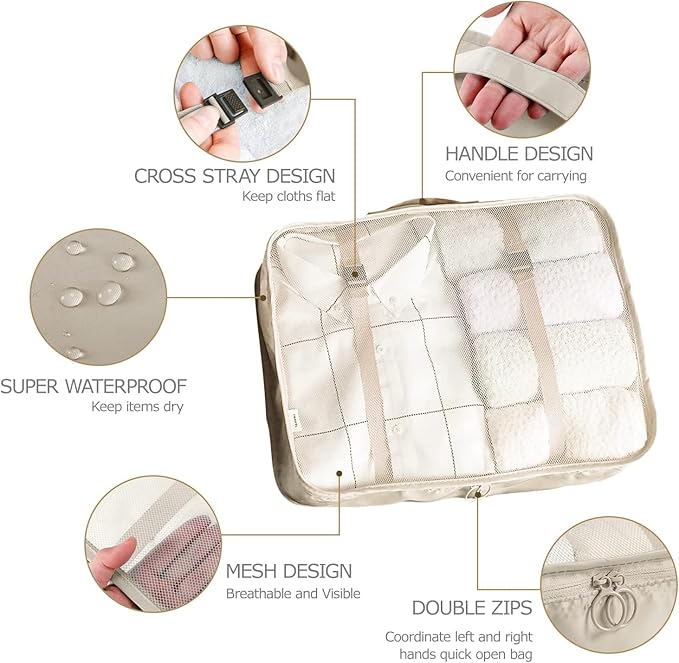 LANSKLBD 6 Set Packing Cubes for Travel, Luggage Organizers with Shoe & Toiletry Bags, Lightweight Suitcase Organizer for Carry-On, Washable Laundry Bags (Beige)