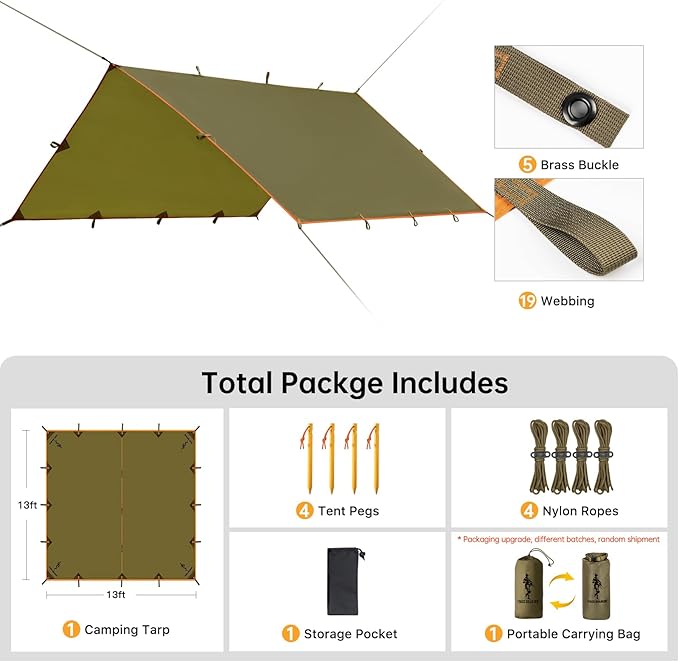 FREE SOLDIER Camping Tarp Waterproof Portable Multifunctional Outdoor Camping Traveling Awning Backpacking Shelter Rain Tarp (Brown 13×13ft)