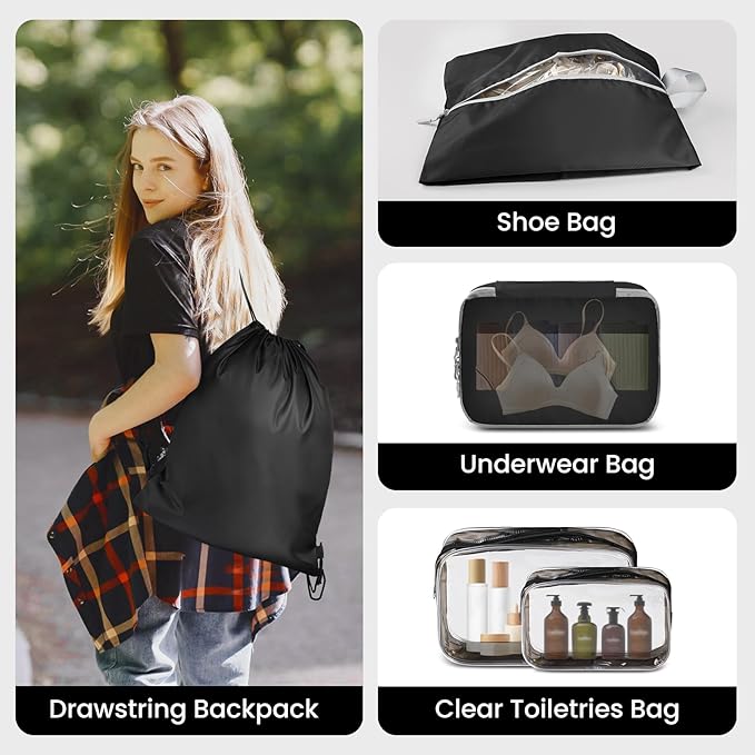 10 Set Compression Packing Cubes, Lightweight Travel Essentials, Stretchable Expandable Storage Bags, Compression Bags for Travel Accessories Luggage Storage Set (10 Pcs, Black)