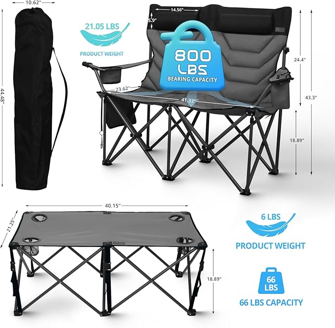 Oversized High-Back Camping Chairs with Pillow, Dual Cup Holders & Cooler Bag - Heavy Duty Foldable Outdoor Chair for Adults4PC (1, BLACKGREY-4PC-SET)