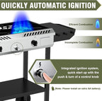 BESTFIRE 2 Burner Propane Gas Stove Outdoor Cooking Station – 150,000 BTU Double Cast Iron Burner with Auto Ignition, Regulator, Side Shelves & Wheels – Portable No-Windshield Design for Camping