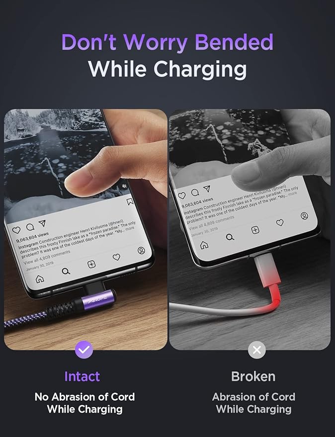 AINOPE USB C Cable 60W 2-Pack 6.6ft Nylon Braided USB C to USB C Cable Type C Charger Fast Charging Right Angle USBC Cable Charger Cord for iPhone 16 Pro Max 15 Plus Samsung S24 S23 iPad Pro Purple