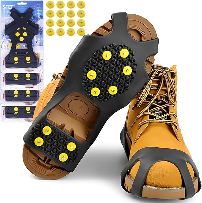 Sfee Ice Cleats for Boots Shoes, Snow Grips Cleats for Ice and Snow Anti-Slip Rubber Traction Cleats for Walking on Snow and Ice 10 Steel Studs Crampons for Hiking, Walking, Climbing, Jogging