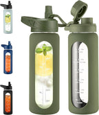 CIVAGO 24 oz Glass Water Bottle with Straw and Handle, Large Sports Motivational Water Bottle Flask with Time Marker and 2 Lids, Leakproof Jug Canteen with Silicone Sleeve for Gym, Army Green