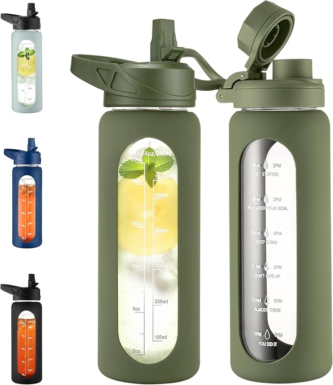 CIVAGO 24 oz Glass Water Bottle with Straw and Handle, Large Sports Motivational Water Bottle Flask with Time Marker and 2 Lids, Leakproof Jug Canteen with Silicone Sleeve for Gym, Army Green