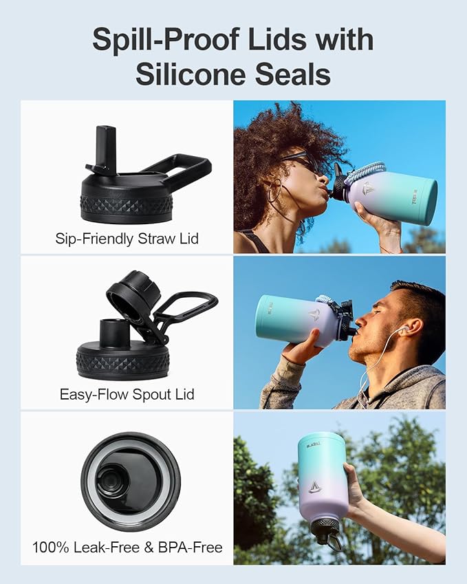 Insulated Water Bottle 64oz,Half Gallon Water Flask Stainless Steel, Cold for 48 Hrs,BPA-Free & Leakproof -with Paracord Handle, Strap,Straw Spout Lids,Large Jug for Gym Sports,Purple Green