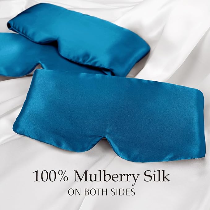 Zenssia 100% Mulberry Silk Sleep Mask Eye Mask for Man and Woman with Adjustable Headband, Full Size Large Sleep Mask & Blindfold for Total Blackout for All Night Sleep, Travel & Nap- Peacock Blue