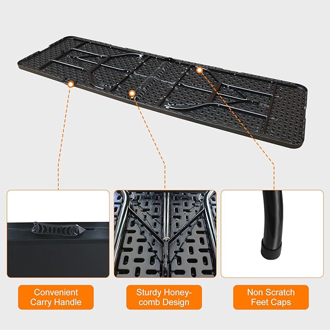 8 FT Folding Table with Carry Handle, Portable Fold-in-Half Plastic Table, Rectangle Foldable Table for Indoor/Outdoor Black