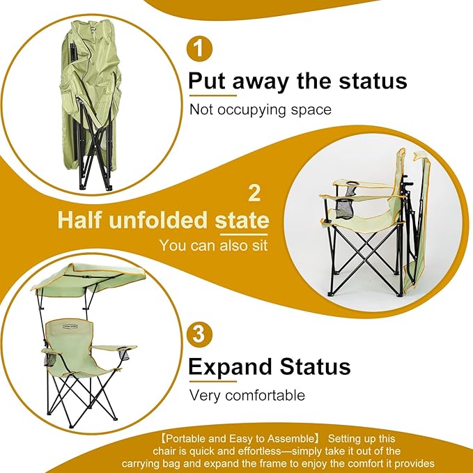 YOUNG WOOD Portable Camping Chair Beach Chair with Shade Canopy, Fold Lightweight Oversized for All, Easy to Open and Close Without Installation, Side Pocket Design for All Outdoor Activities,Green,2p