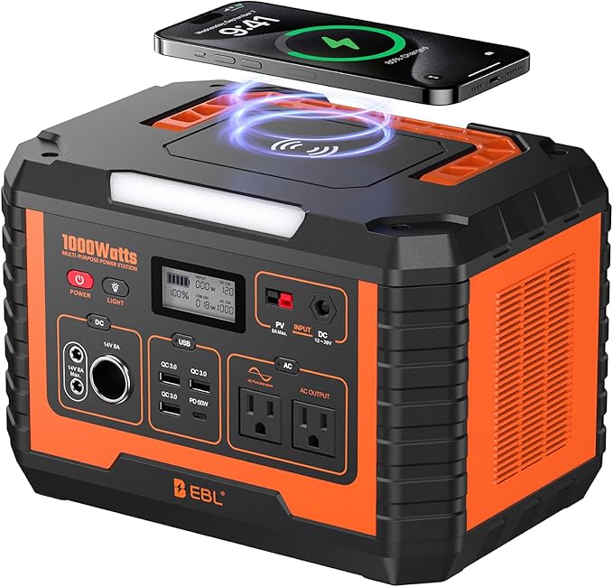 EBL Portable Power Station 1000W, 999Wh Solar Generator 2000W Peak, AC/Wireless Charging/60W USB-C Output, Lithium Battery for Emergency, Home Backup, Camping, RV, Off-Grid Living