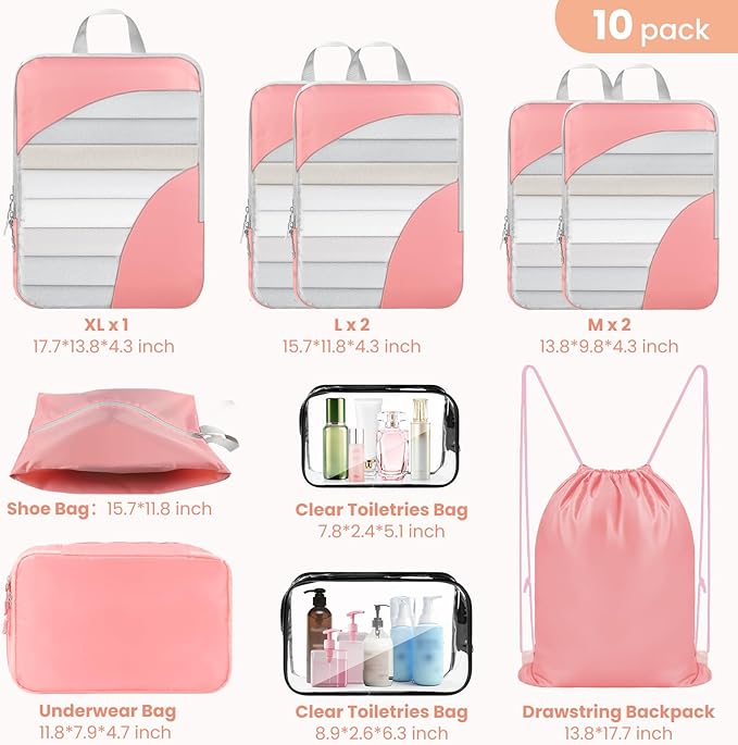 10 Set Compression Packing Cubes, Lightweight Travel Essentials, Stretchable Expandable Storage Bags, Compression Bags for Travel Accessories Luggage Storage Set (Pink, 10 set)