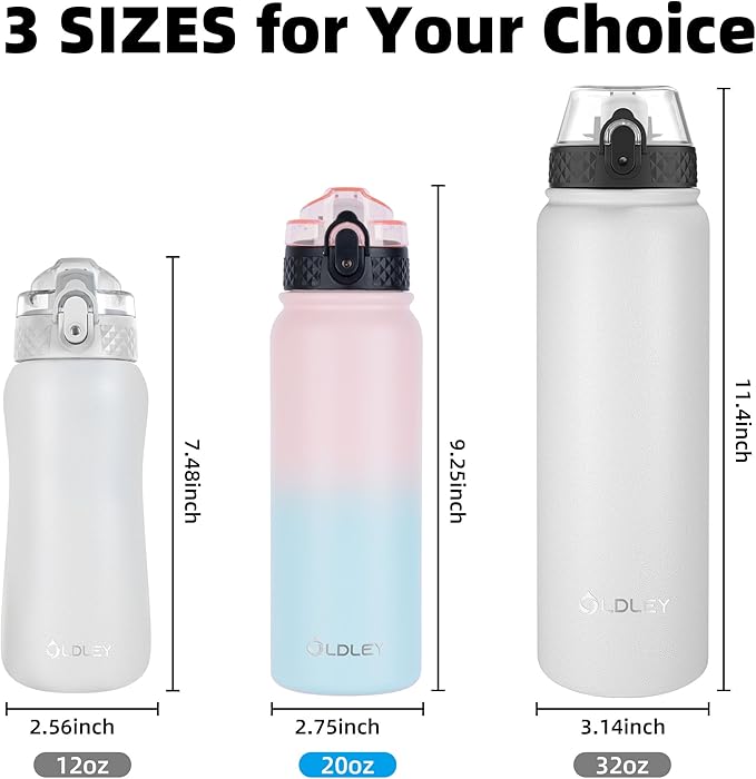 Oldley Insulated Water Bottle 20oz Water Bottles with Straw, Stainless Steel Water Bottle with 3 Lids, Double Wall Vacuum Bottles for Adult Kids, Sports Bottles for School Travel, Light Pink-Blue