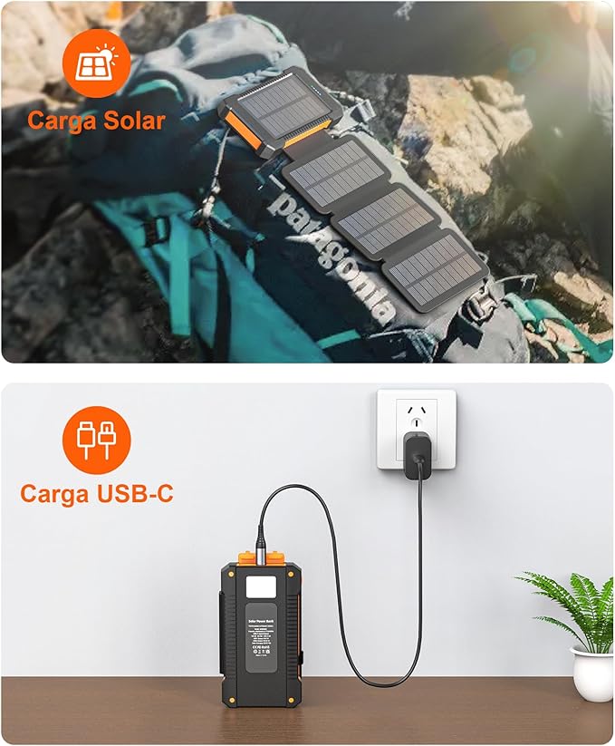 Solar Power Bank 38800mAh with 4 Solar Panels, Portable Charger USB C 18W Fast Charging for iPhone Samsung, IP67 Waterproof Outdoor External Battery Pack with Flashlight Light/SOS/Strobe